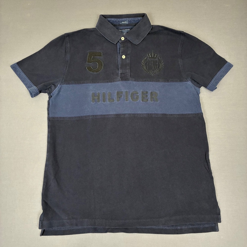 Tommy Hilfiger # 5 Crest Logo Rugby Short Sleeve Polo Men's Large Navy Blue Y2K